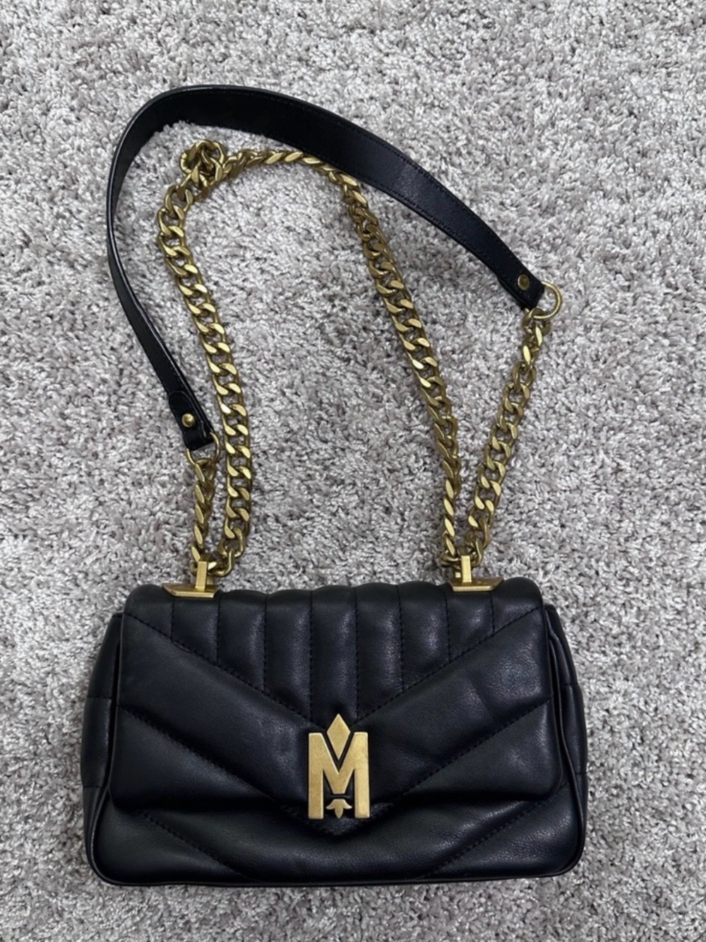 Mackage Black Quilted Leather Shoulder Bag with Gold Chain and Logo